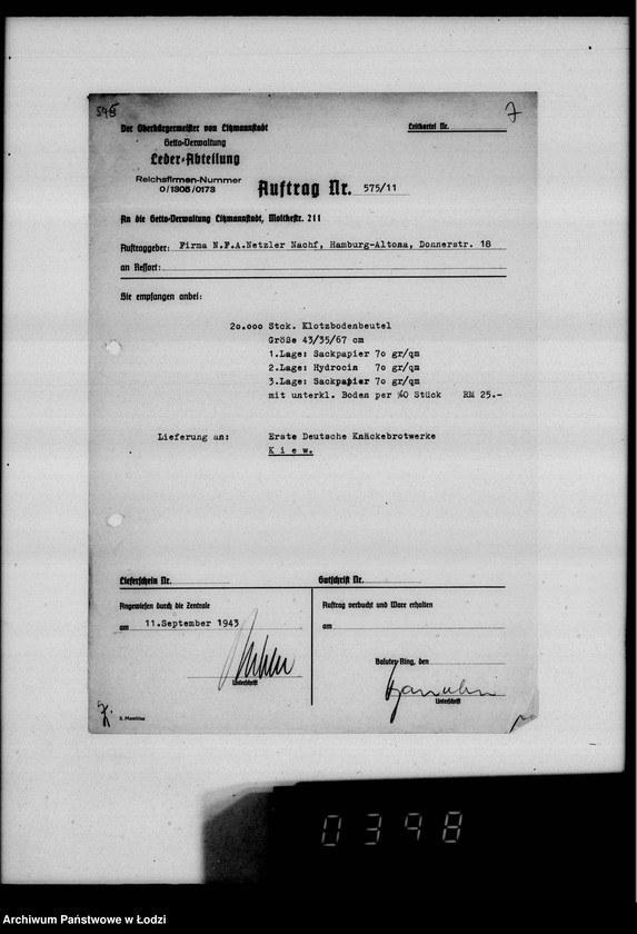 Obraz 11 z jednostki "F-ma N.F.A.Netzler-Hamburg Papierbeutel. Auftrag 11"