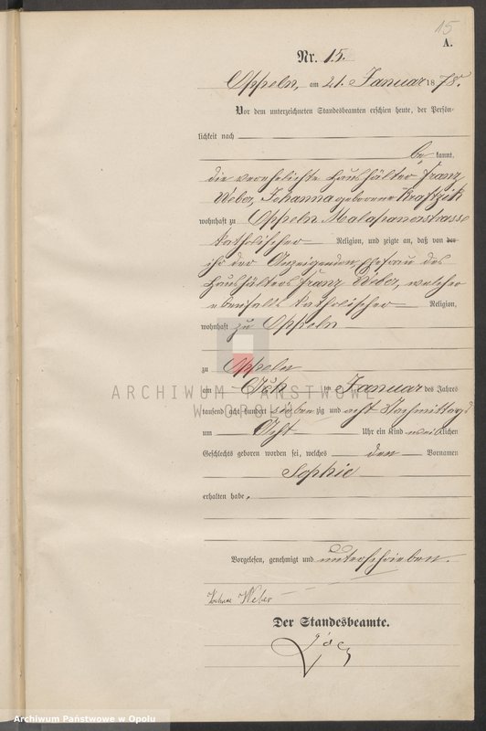 Obraz 19 z jednostki "Urząd Stanu Cywilnego w Opolu 1878 Rejestr Urodzeń Księga Miejscowa Nr 1 do 487"