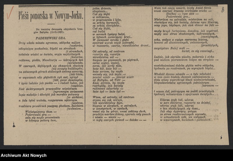 image.from.unit.number "Ligocki Edward (publicysta); Załączniki: wiersze: a) "Pieśń pomorska w Nowym Jorku" (wycinek prasowy); b) "Ignacy Jan Paderewski przed królewską trumną" (maszynopis); c) wycinek prasowy; L.5"