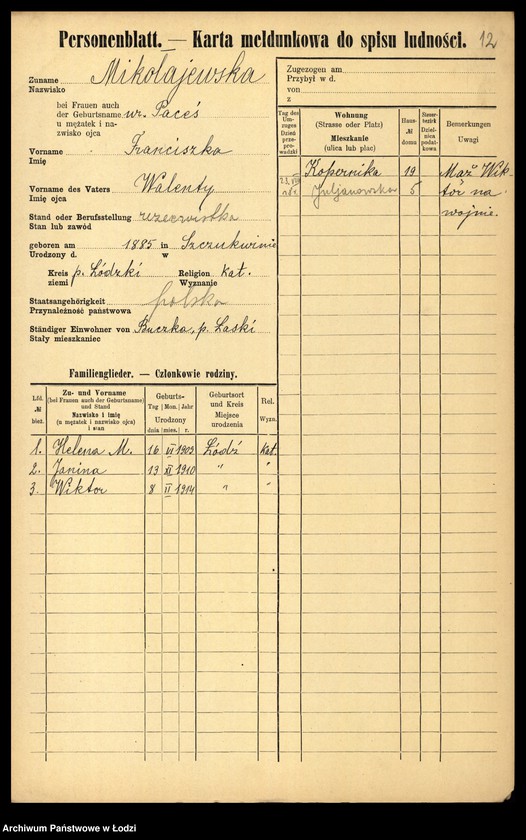 Obraz 15 z jednostki "[Spis ludności Łodzi] Mikołajew - Milchteich"