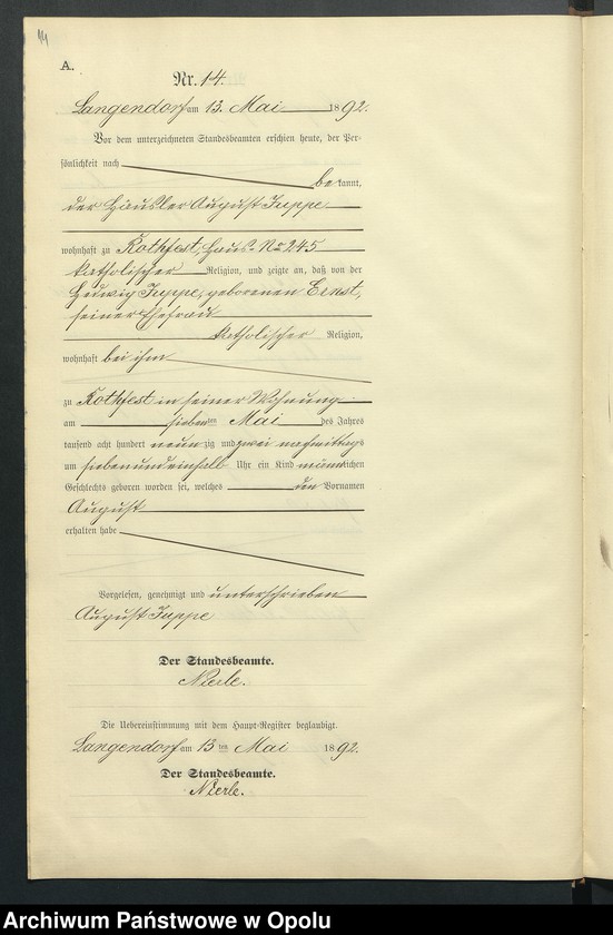 Obraz 18 z jednostki "Geburts-Neben-Register des Standesamts Langendorf pro 1892"