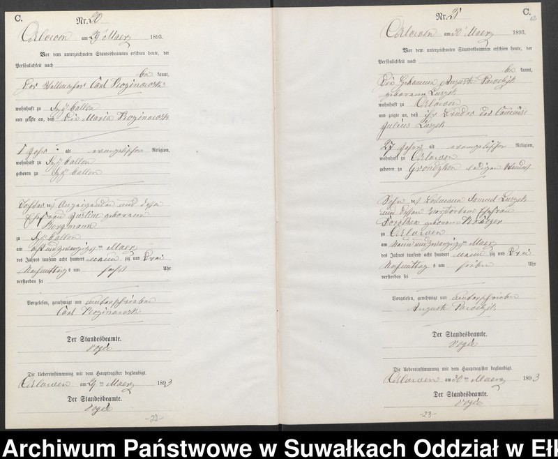 image.from.unit.number "Sterbe-Neben-Register des Preussischen Standes-Amtes Orlowen Kreis Loetzen für das Jahr 1893"