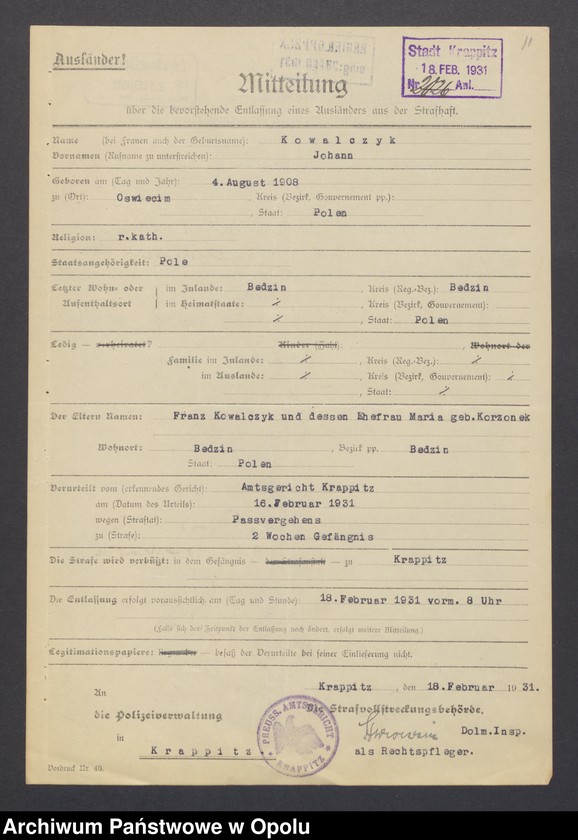 Obraz 11 z jednostki "[Zezwolenie na pobyt - dezerter Johann Kowalczyk, ur. 4. 08. 1908 w Oświęcimiu]"