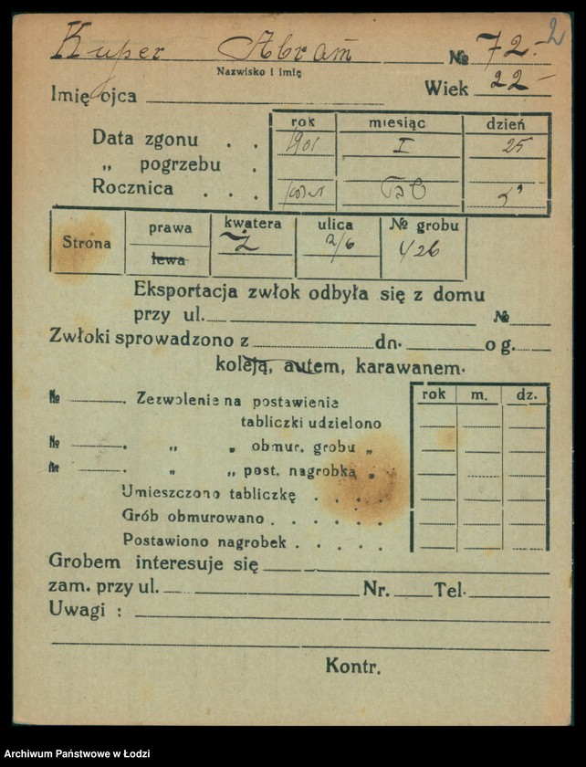 Obraz 3 z jednostki "Kartoteka osób pochowanych na cmentarzu żydowskim przy ulicy Brackiej w latach 1892-1956. Nazwiska na litery: Kup-Kz"