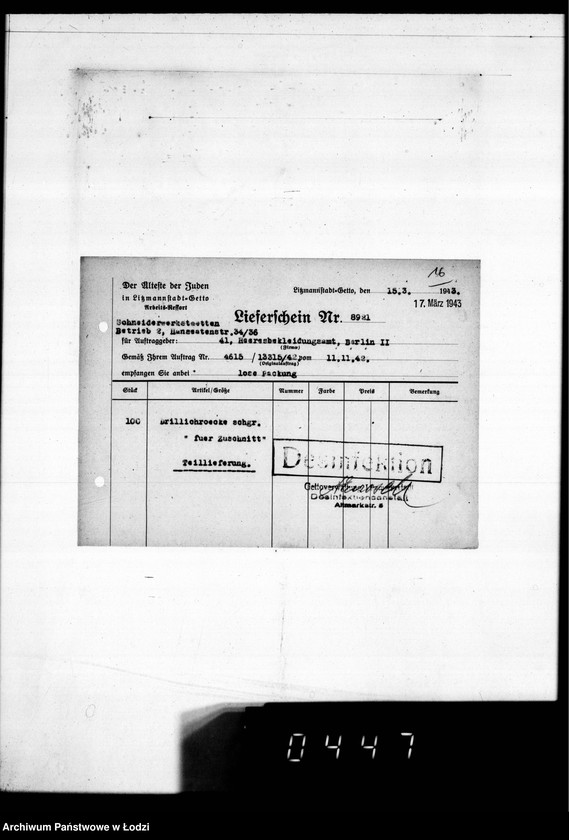 image.from.unit.number "[Dowody dostawy umundurowania dla] Heeresbekleidungsamt Berlin II"