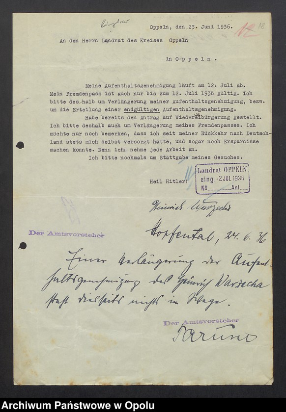 Obraz 20 z jednostki "[Zezwolenie na pobyt - Heinrich Warzecha, ur. 13. 07. 1906 Kudoba pow. oleski]"