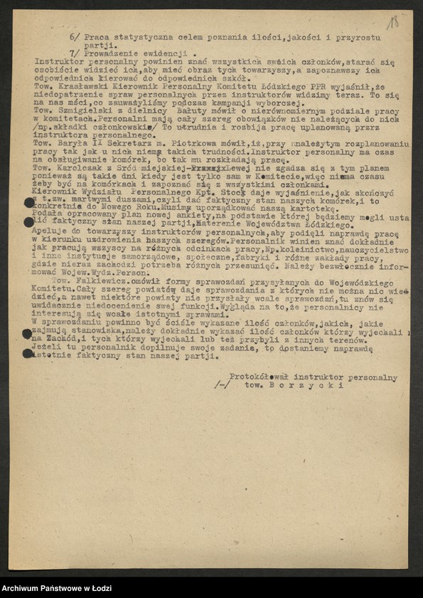 Obraz 19 z jednostki "Protokoły narad instruktorów [personalnych] komitetów powiatowych i miejskich [z załącznikami]"