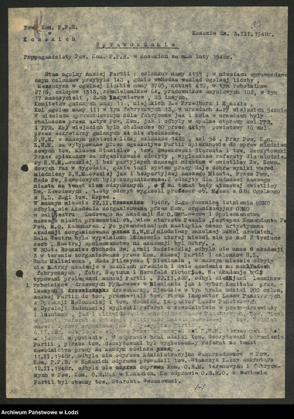 Obraz 18 z jednostki "Sprawozdania miesięczne instruktorów propagandy komitetów powiatowych i komitetów miejskich [z załącznikami za 1948 rok]"