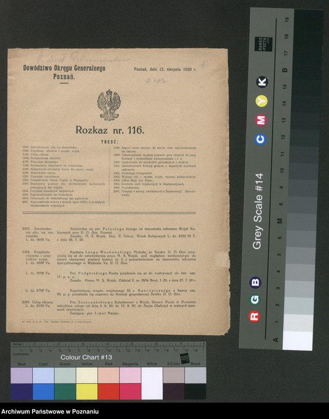 Obraz 3 z jednostki "/Rozkazy Dowództwa Okręgu Generalnego w Poznaniu/, nr 116-140."