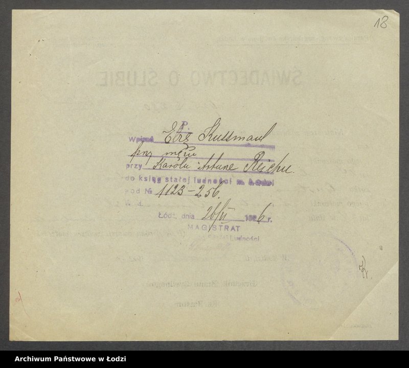 Obraz 20 z jednostki "Dowody metrykalne stałych mieszkańców m. Łodzi nr domu 1123, s. 255-371"