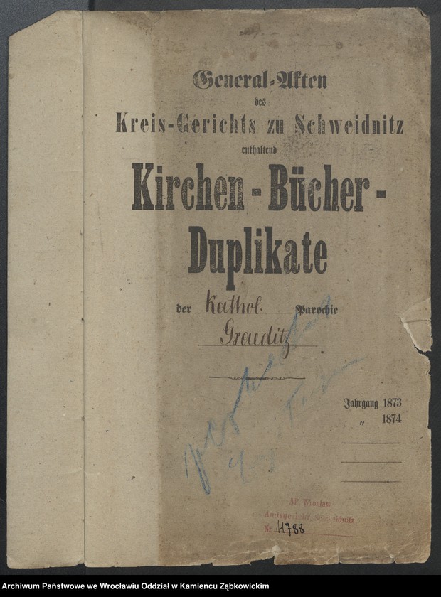 image.from.unit.number "Amtsgericht Schweidnitz Duplicate der Kirchenbücher der katholische Pfarr Kirche zu Gräditz"
