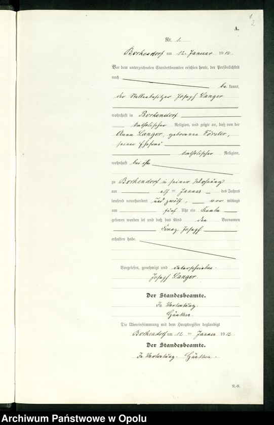 Obraz 6 z jednostki "Geburts-Register (Neben-Register) Standesamt Borkendorf 1912 No. 1 bis 73."