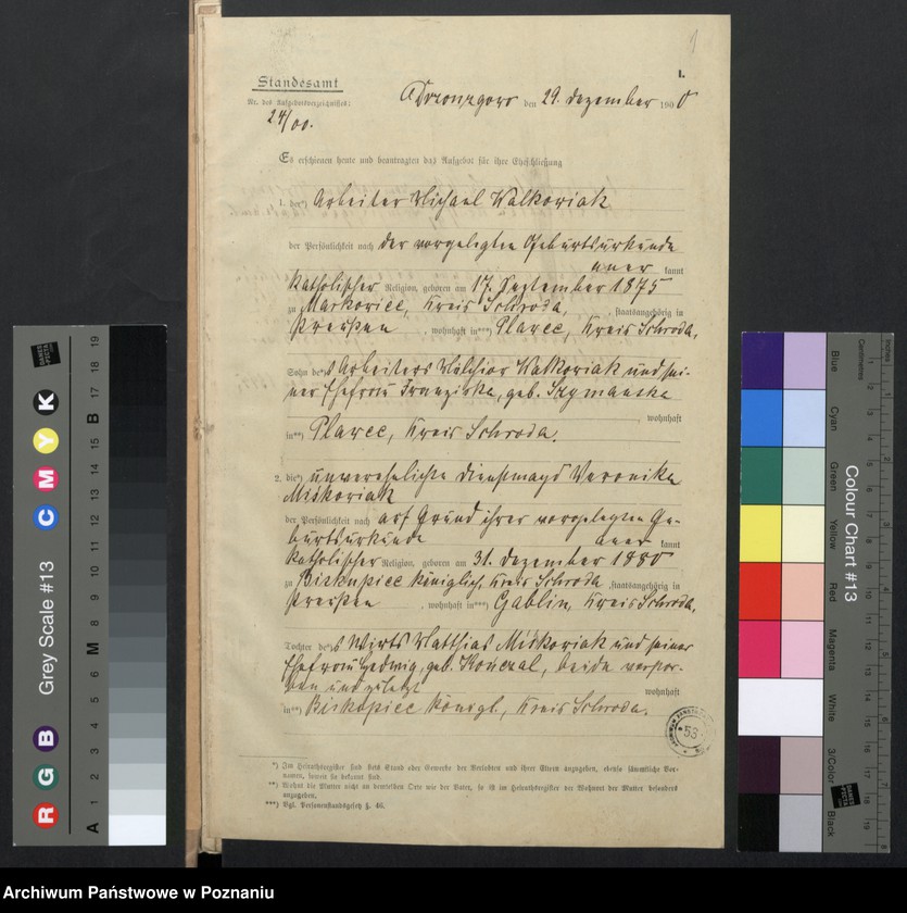 image.from.unit.number "Acta des Königlichen Standesamts Wyslawice Kreis Schroda betreffend die Aufgebotsverhandlungen pro 1900"