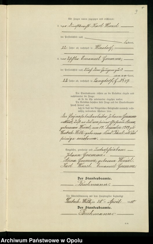 Obraz 13 z jednostki "Heirats-Register (Neben-Register) Standesamt Deutsch-Wette 1910"