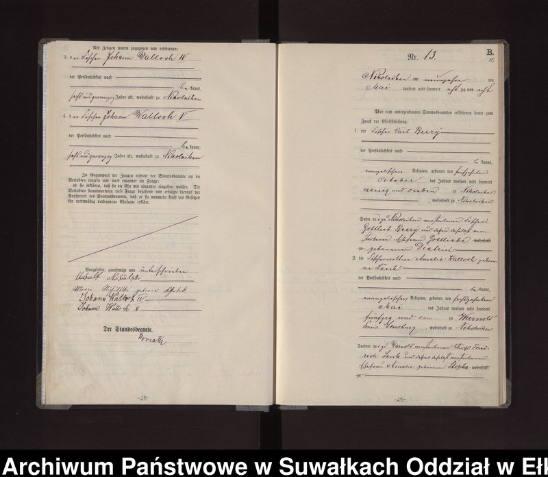 Obraz 17 z jednostki "Heiraths-Haupt-Register des Königlichen Preussischen Standes-Amtes /Stadt/ Nikolaiken Kreis Sensburg für das Jahr 1887 Nikolaiken Kreis Sensburg für das Jahr 1888"