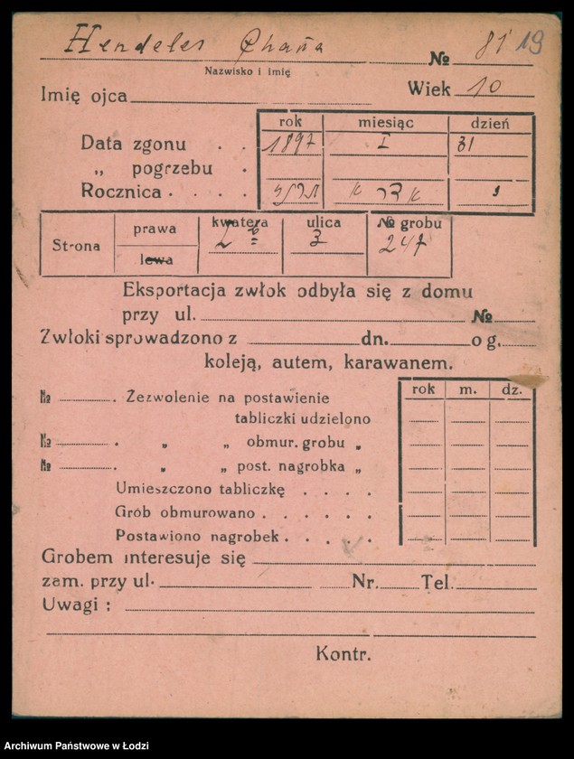 Obraz 20 z jednostki "Kartoteka osób pochowanych na cmentarzu żydowskim przy ulicy Brackiej w latach 1892-1955. Nazwiska na litery: Helmi-Hey"