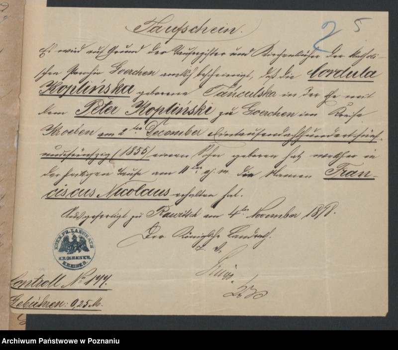 Obraz 7 z jednostki "Die von den Verlobten beigebrachten Urkunden zur Eheschliessung pro 1878"