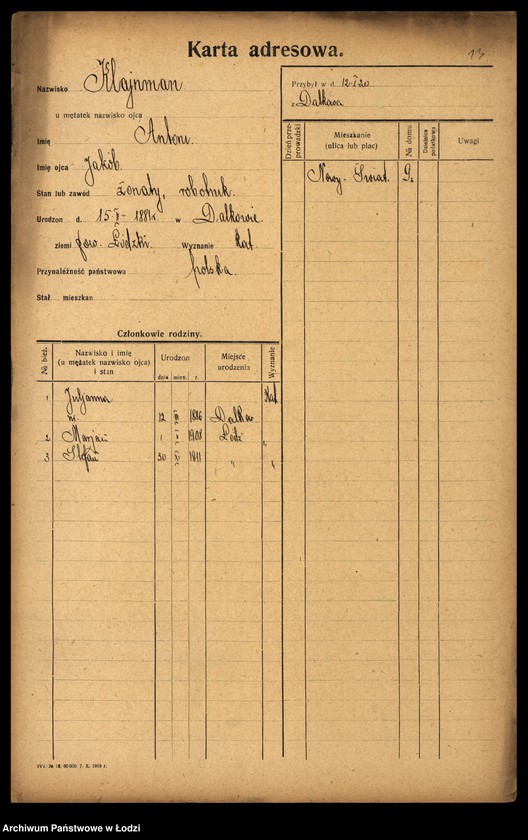 Obraz 15 z jednostki "[Spis ludności Łodzi] Klajnman - Klarman"