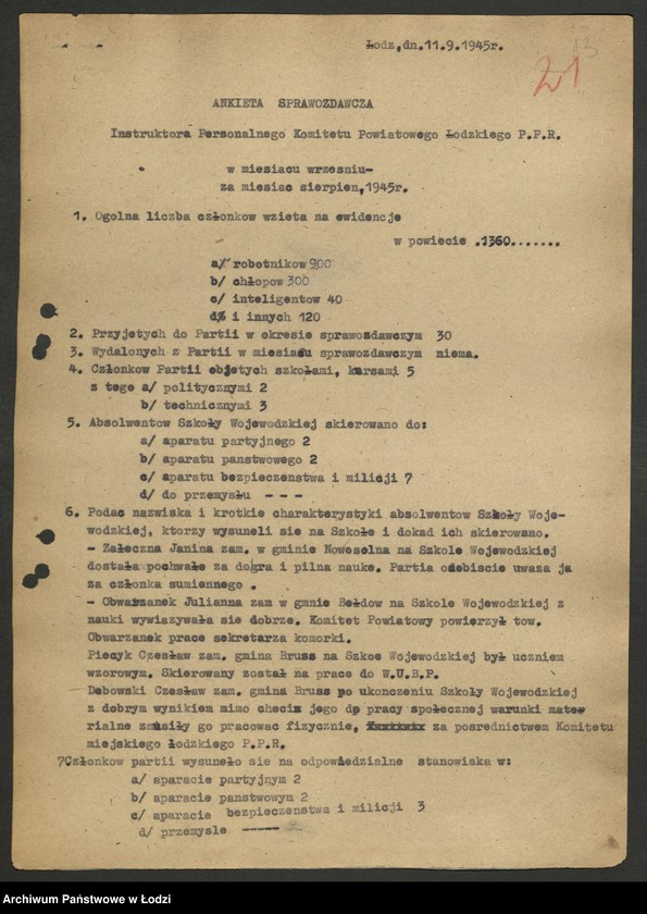 Obraz 14 z jednostki "Sprawozdania [z działalności i ankiety sprawozdawcze instruktora personalnego za lata 1945 - 1946]"