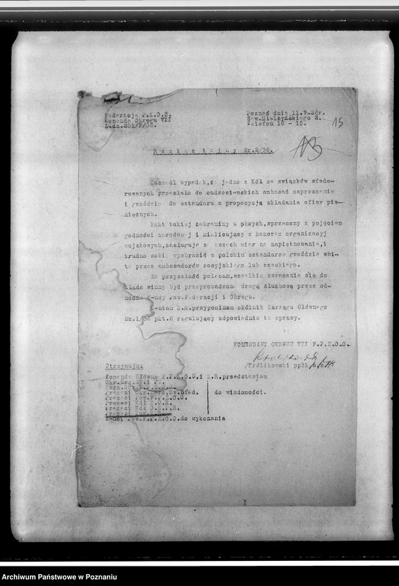 Obraz 19 z jednostki "Rozkazy, okólniki, komunikaty Federacji Polskich Związków Obrońców Ojczyzny Zarządu Grodzkiego oraz sprawozdanie z działalności gospody i świetlic-ewidencja kół kombatanckich należących do Federacji Zarządu Grodzkiego"