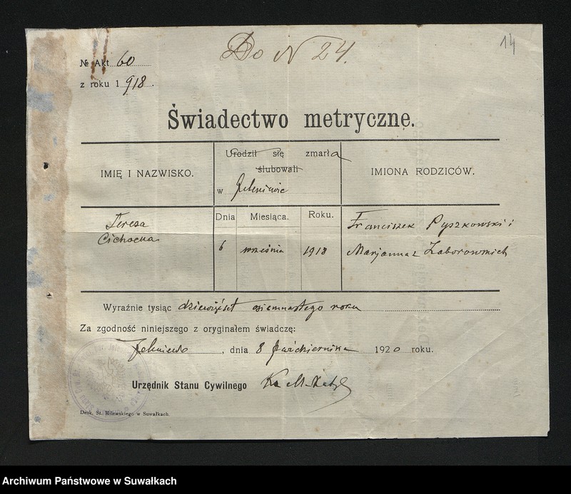 image.from.unit.number "[Dokumenty do akt małżeństw parafii rzymskokatolickiej w Wigrach z 1920 roku]"