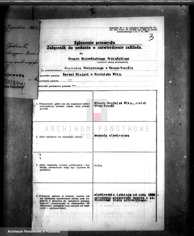 Obraz 7 z jednostki "Pozwolenie policyjno-techniczne na budowę zespołu ssąco-gaz. 125 KM z prądnicą prądu stał. 2 x 115 wolt w elektrowni miejskiej Grodzisk Wlkp., pow. nowotomyski"