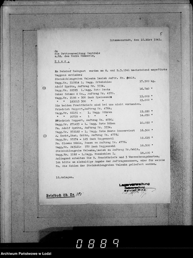 Obraz 9 z jednostki "Ablage [Korespondencja dostawców do Getta dot.wagonowych przesyłek produktów żywnościowych, opału do stacji Radogoszcz]"