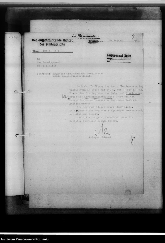 Obraz 13 z jednostki "Schriftwechsel mit den Amtsgerichten [korespondencja w sprawie ksiąg kościelnych, nazwy powiatów od A - L]"