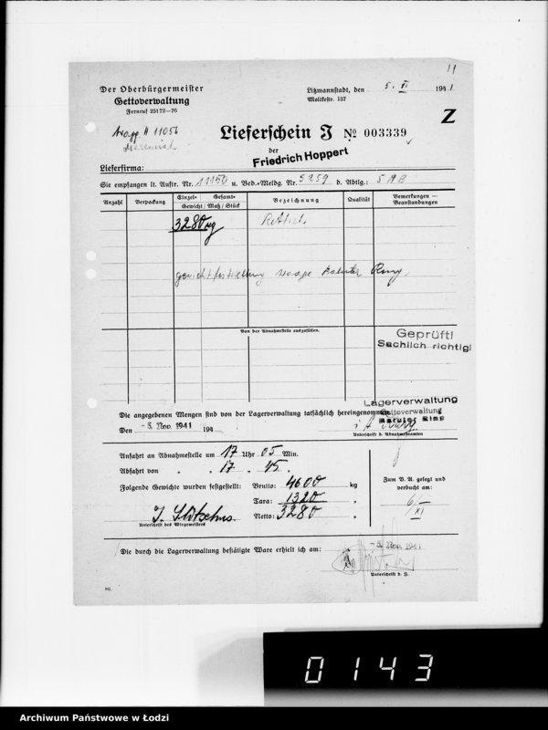 Obraz 15 z jednostki "Aufträge [Lieferscheinen und Rechnungen] 11100-11150 Lebensmitteleinkauf 5/Mü [Zapotrzebowania, zlecenia, rachunki, dowody dostawy na art.spoż.dla Getta]"