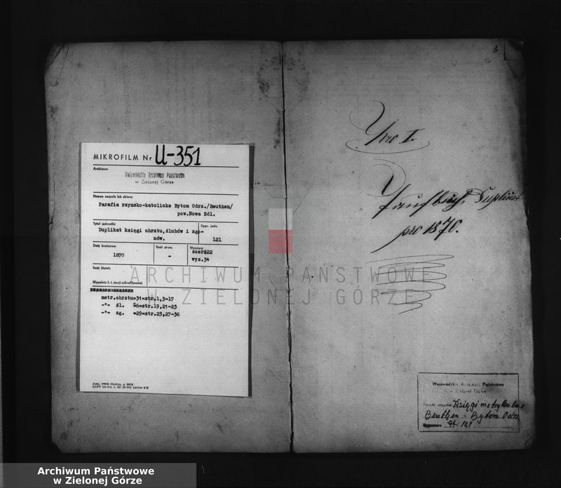 Obraz 3 z jednostki "Duplicat I. des Trau Register, II. des Tauf Register, III. des Sterbe Register pro 1870 bei der katholischen Pfarrkirche zu Beuthen a/Oder"