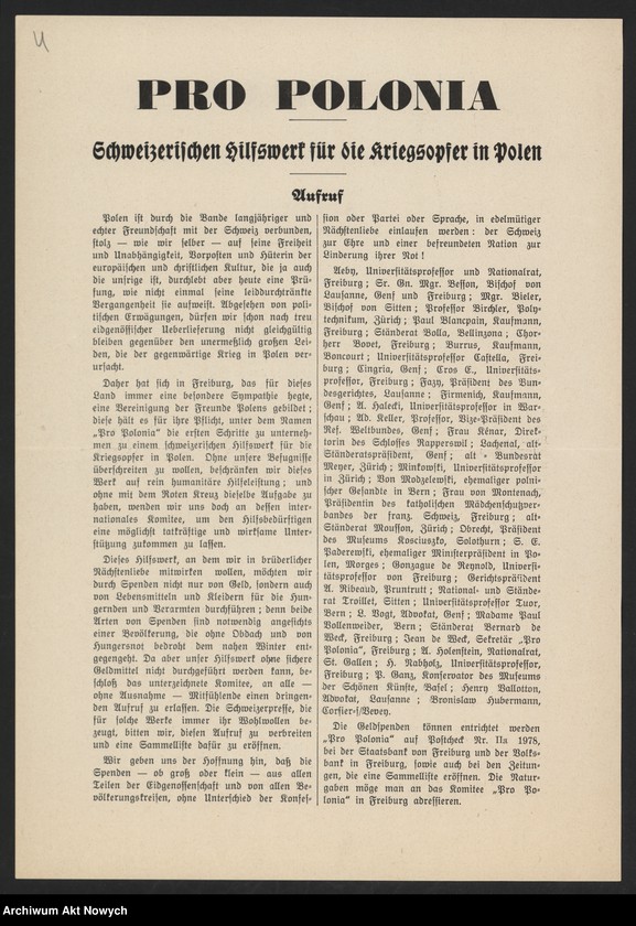 image.from.unit.number "Pro Polonia. Oeuvre suisse de secours aux Polonia victimes de la guerra; Załączniki: 1) Biuletyny Nr Nr 1,2,3; 2) Apel; 3) Raport dotyczący dzieci uciekinierów polskich; 4) kopia listu J. Dębickiego do "Pro Polonia"; L.3"