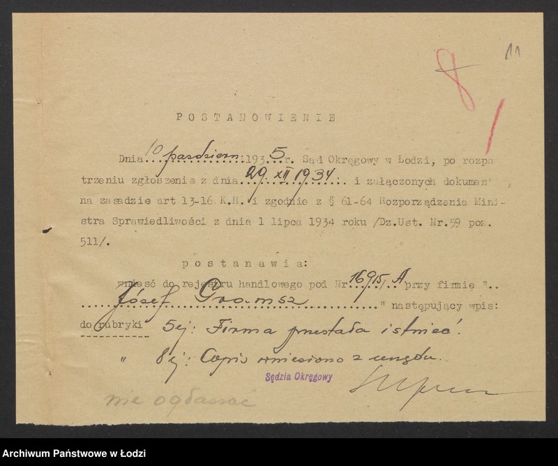 Obraz 13 z jednostki "Józef Gramsz- handel trzepaczkami i tkackimi odpadkami wełny i bawełny"