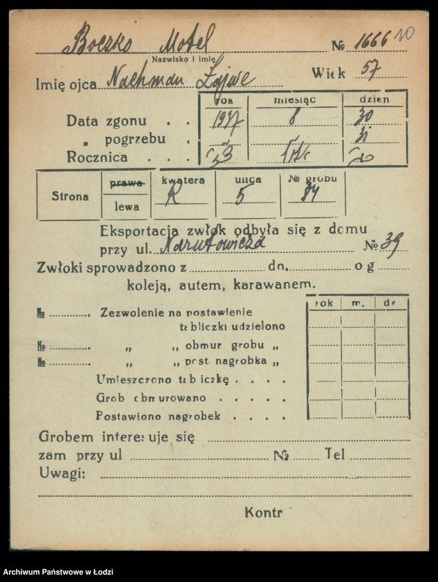 Obraz 12 z jednostki "Kartoteka osób pochowanych na cmentarzu żydowskim przy ulicy Brackiej w latach 1892-1956. Nazwiska na litery: Bock-Bö"
