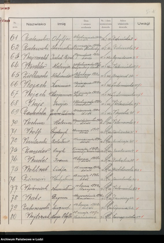 Obraz 7 z jednostki "Ewidencja dowodów osobistych wydanych przez Zarząd Miejski w Łodzi, zespół nr 8 [- nazwiska na litery] U, W, Z, Ż"