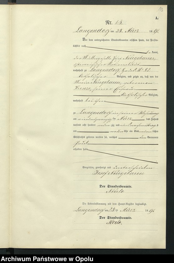 Obraz 17 z jednostki "Geburts-Neben-Register des Standesamts Langendorf pro 1891"