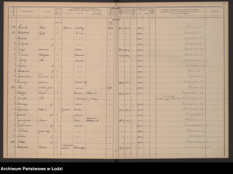 Obraz 20 z jednostki "Księga kontroli ruchu ludności (rejestr osób przybywających do gminy) Łódź, zespół III lit. H, I, J, L, Ł"