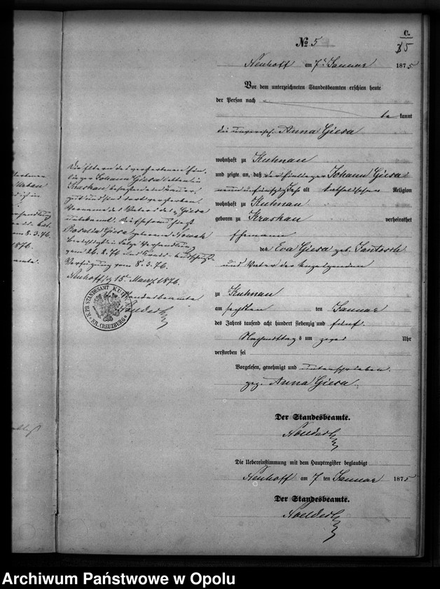 Obraz 8 z jednostki "Sterbe-Neben-Register Standesamts Kuhnau pro 1875"