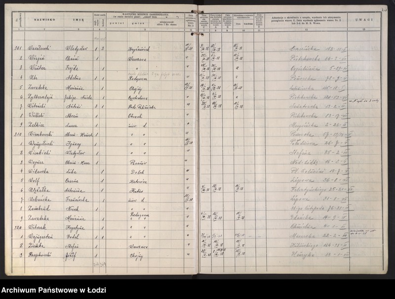 Obraz 18 z jednostki "Księga kontroli ruchu ludności (rejestr osób opuszczających gminę) Łódź, zespół VIII, lit. U, W, Z, Ż"