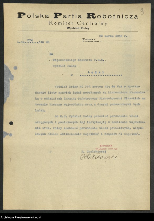 Obraz 10 z jednostki "Korespondencja [Wydziału z Wydziałem Rolnym] Komitetu Centralnego"