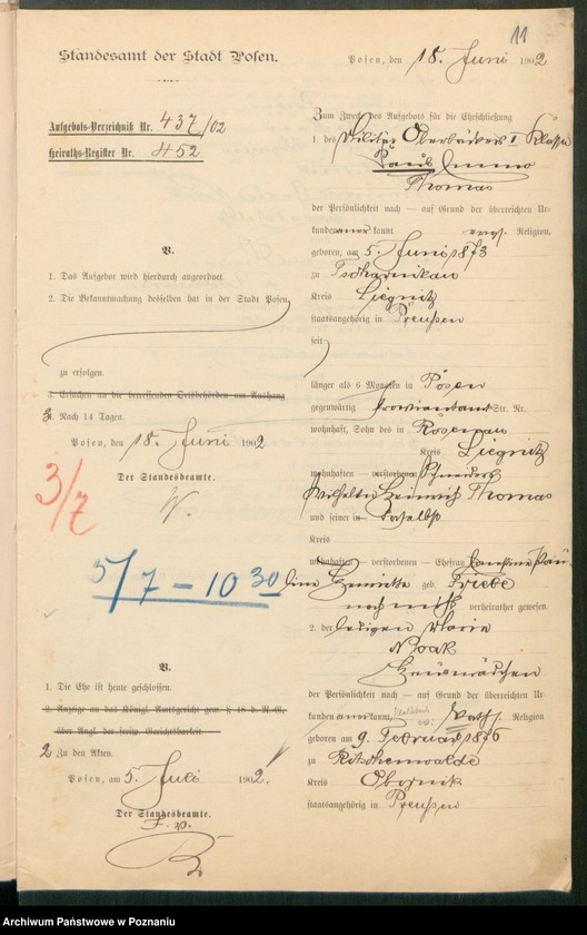 Obraz 13 z jednostki "[Dokumenty dostarczone przez narzeczonych do zawarcia związku małżeńskiego za 1902 rok. Tom X]"