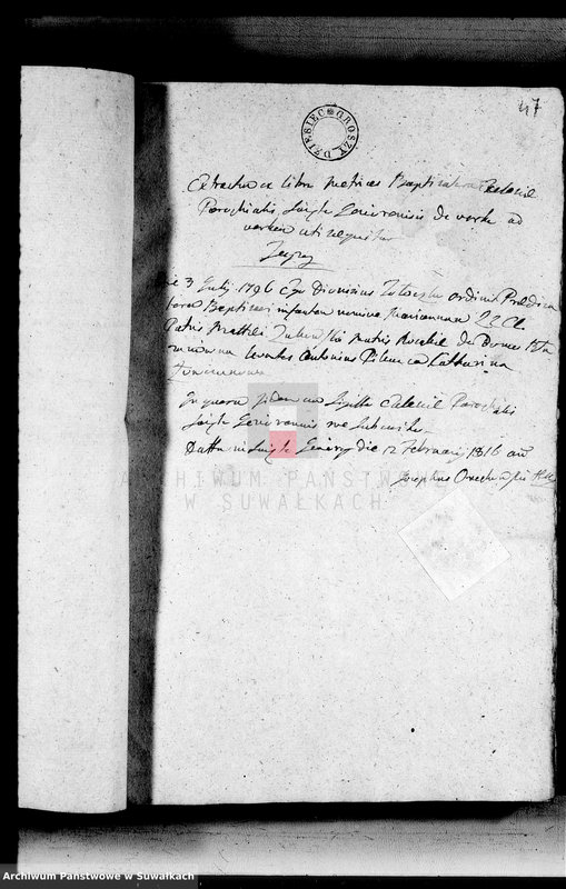 image.from.unit.number "Annexa urodzonych metryk Gminy Święto Jeziorskiej powiatu sejneńskiego 1816"