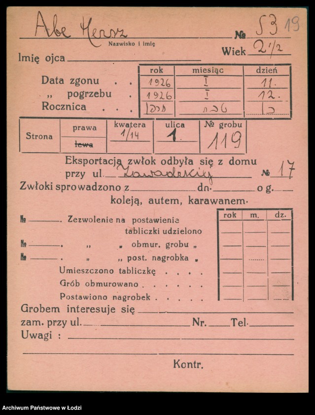 Obraz 20 z jednostki "Kartoteka osób pochowanych na cmentarzu żydowskim przy ulicy Brackiej w latach 1892-1959. Nazwiska na literę A"