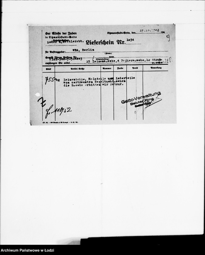 Obraz 12 z jednostki "Judenlieferscheine über ausgelieferte Trennarbeiten"