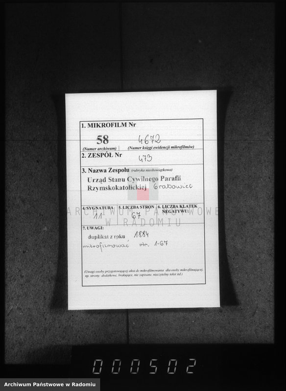 image.from.unit.number "[Duplikat akt urodzonych, zaślubionych i zmarłych parafii Grabowiec za 1884 r.]"