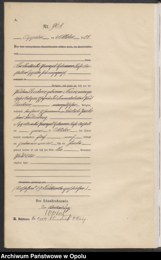 Obraz 12 z jednostki "Urząd Stanu Cywilnego w Opolu 1905 Rejestr Urodzeń miejscowa Nr 958 do 1287"