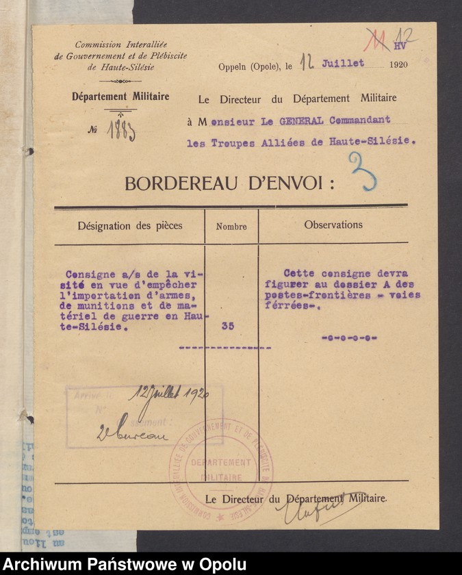 Obraz 14 z jednostki "Commandement Superieur des Forces Alliees en Haute-Silesie-Entrees /Korespondencja wpływająca pochodząca od władz wyższych i jednostek podległych/ 29.06.1920 - 30.10.1920"