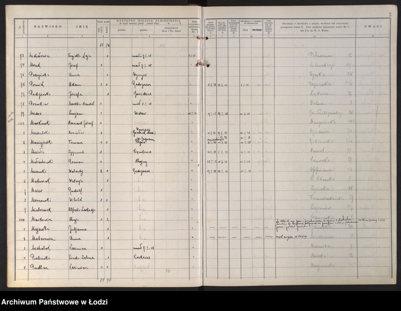 Obraz 9 z jednostki "Księga kontroli ruchu ludności (rejestr osób opuszczających gminę) Łódź, zespół V, lit. M, P"