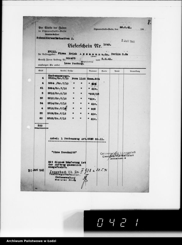 Obraz 12 z jednostki "[Dowody dostawy odzieży dla firmy dla Asmann u.Co.Berlin"