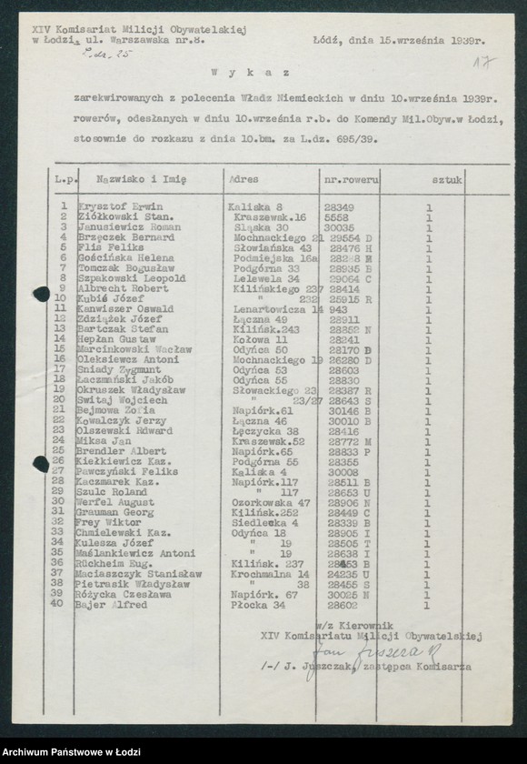Obraz 19 z jednostki "[Akta XIV Komisariatu Milicji Obywatelskiej - pokwitowania oddanej broni, spisy wolnych lokali, rowerów i motocykli]"