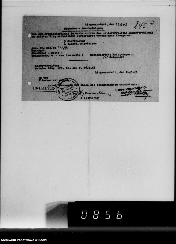 Obraz 14 z jednostki "[Konfiskata przez Kripo w Getcie ruchomego mająktu żydowskiego] Nr 1-250"